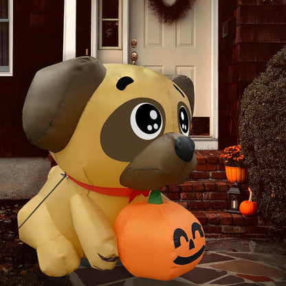 5FT Inflatable Halloween Pug Holding Pumpkin – LED Blow-Up Decoration for Garden, Lawn, and Indoor Displays
