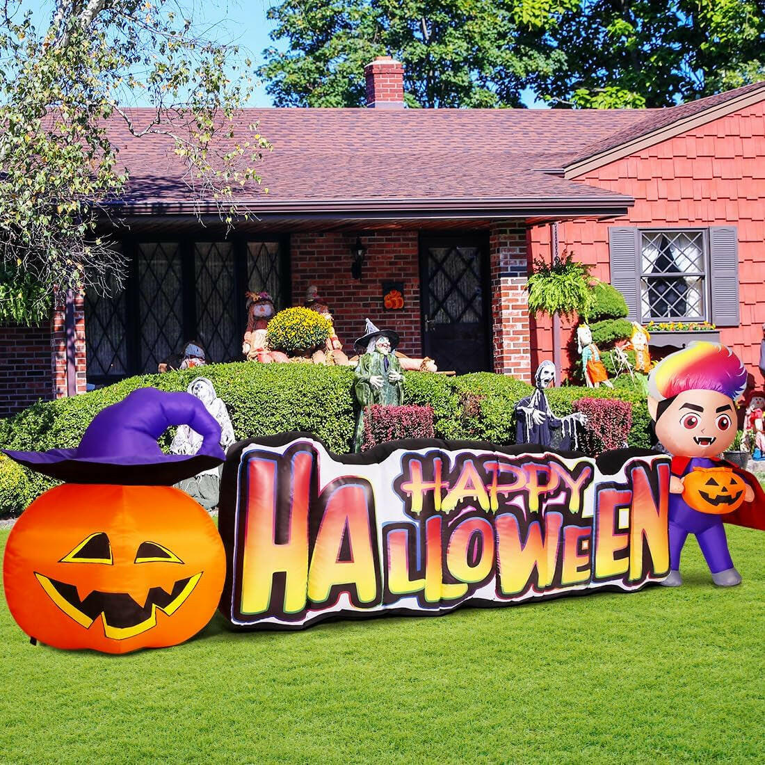 11.5 FT Happy Halloween Inflatables Outdoor Decorations Vampire with Pumpkin Halloween Blow up Yard Decorations Long with LED Lights Holiday for Halloween Party Yard Garden Lawn