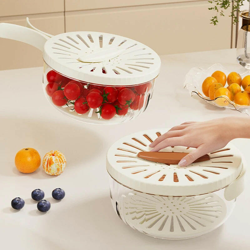 2-In-1 Fruit Drain Basket Vegetable Washing Basket with Foldable Handle Refrigerator Crisper Storage Bowl for Home Kitchen.