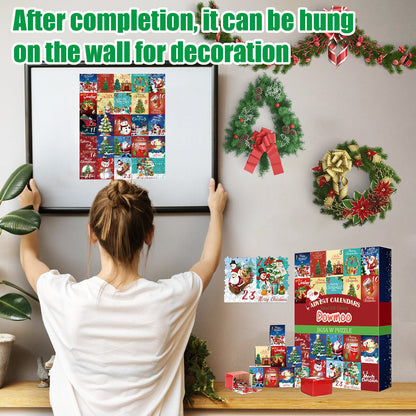 Christmas advent calendar puzzle with 24 pieces, eco-friendly cardboard, festive artwork by Christmas Eve.