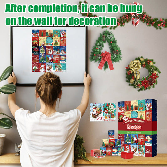 Christmas advent calendar puzzle with 24 pieces, eco-friendly cardboard, festive artwork by Christmas Eve.