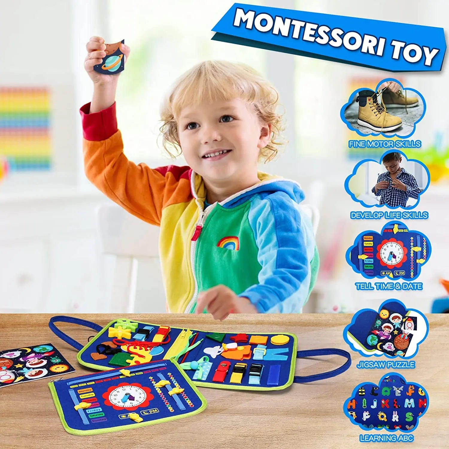 Montessori Busy Board – Sensory Learning Toy with 16 Activities for Toddlers & Preschoolers