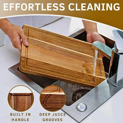 Acacia Wood Cutting Board Set – 3-Piece with Holder, Non-Slip Pads & Juice Grooves.