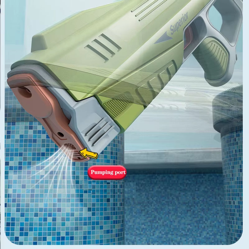 Electric water gun with rechargeable lithium battery & 8–10m range. 43cm long blaster with quick refilling, waterproof design & up to 200 shots per charge