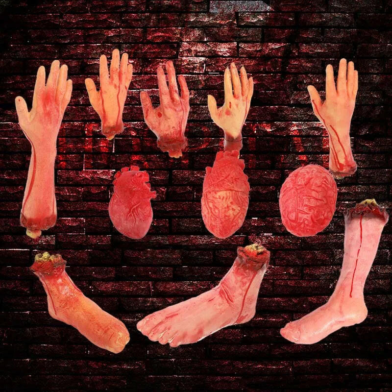 Horror Halloween Rubber Body Part Props – Fake Hands, Legs, Hearts & Brains for Haunted House & Party Decor