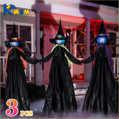 3PCS Sound-Activated Hand-Holding Witches – Waterproof Outdoor Halloween Decorations with Glowing Heads & Screaming Sensor