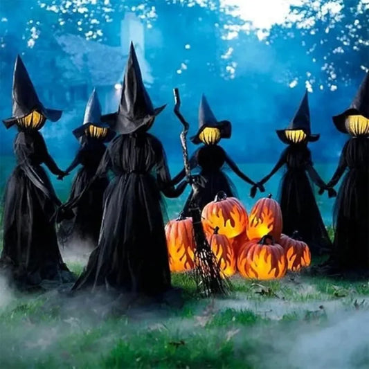 3PCS Sound-Activated Hand-Holding Witches – Waterproof Outdoor Halloween Decorations with Glowing Heads & Screaming Sensor