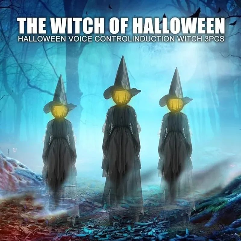 3PCS Sound-Activated Hand-Holding Witches – Waterproof Outdoor Halloween Decorations with Glowing Heads & Screaming Sensor