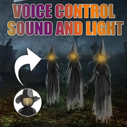 3PCS Sound-Activated Hand-Holding Witches – Waterproof Outdoor Halloween Decorations with Glowing Heads & Screaming Sensor