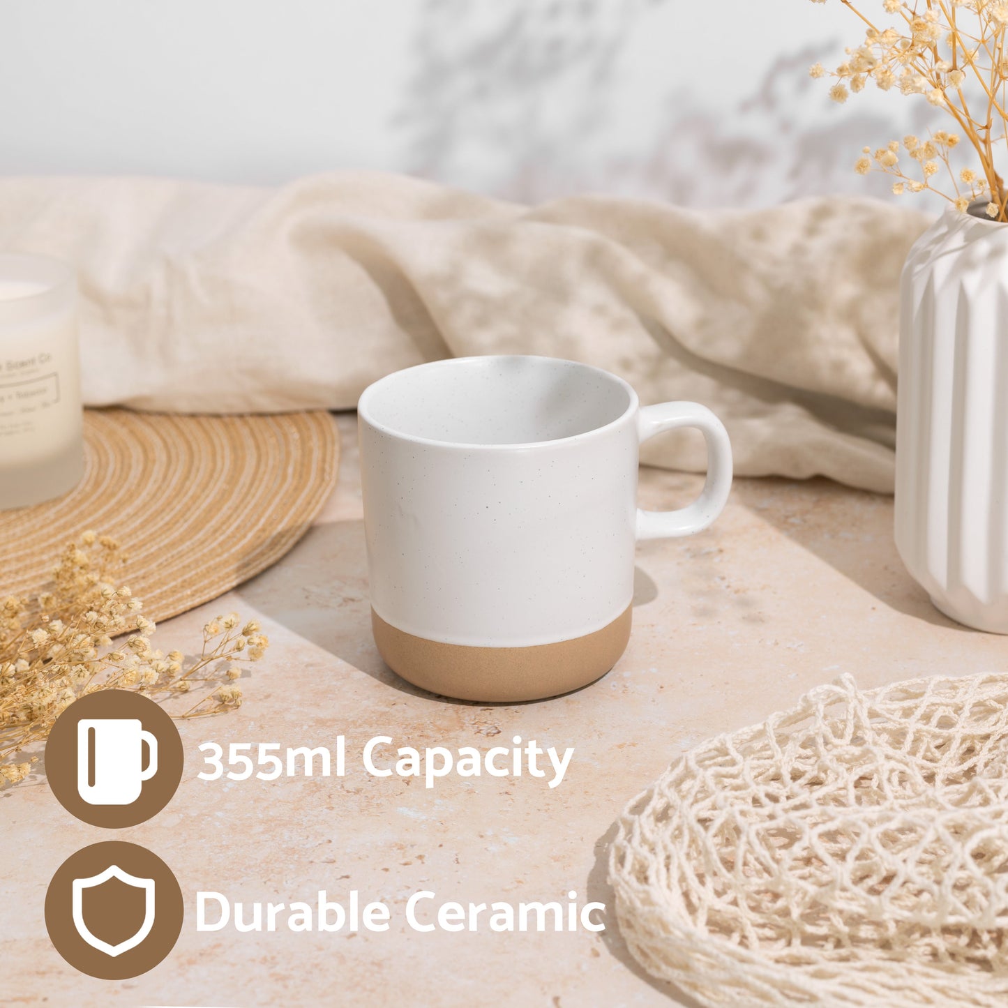 Ceramic Coffee Mug White Speckled Stoneware 355ml 4-Pack