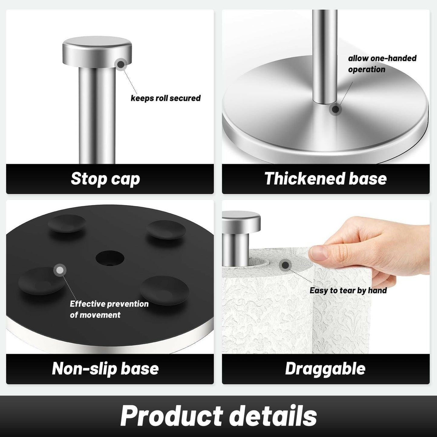 Kitchen Roll Holder Free Standing, Stainless Steel Paper Towel Holder with Suction Cups, Waterproof and Rustproof Kitchen Towel Holder, Suit for Cook House, Bathroom,Outdoor(Silver).