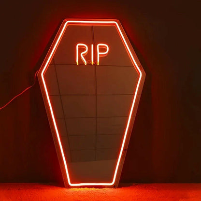 Coffin RIP Neon Mirror Sign – USB-Powered Gothic LED Light for Halloween, Bedroom & Bar Decor