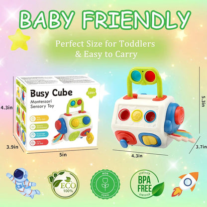 9‑in‑1 Montessori Busy Cube – Sensory Learning Fidget Toy for Babies & Toddlers (Ages 1–3).