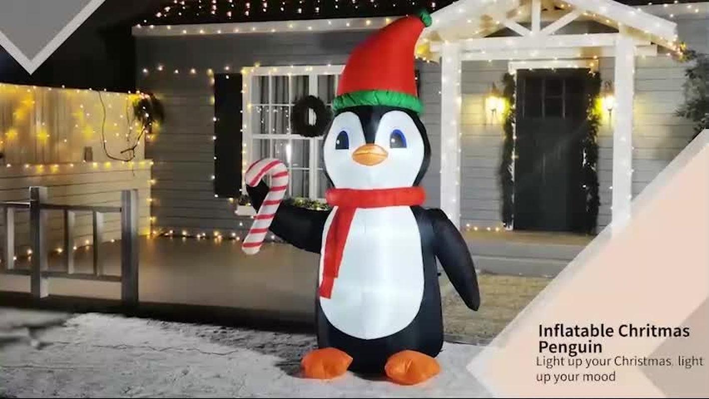 8FT Inflatable Christmas Penguin Holding Candy Cane – LED-Lit Outdoor Decoration | Waterproof, Self-Inflating.