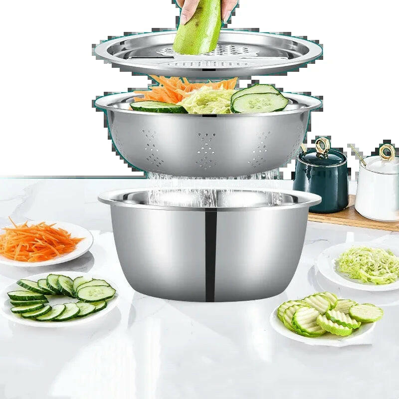 3-in-1 Stainless Steel Salad Maker Bowl – Strainer, Grater & Slicer in One.
