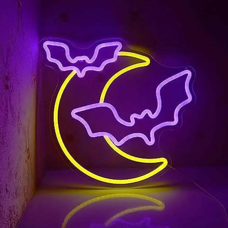 2025 Moon & Bat Neon Sign – USB-Powered LED Wall Light with Dimmable Brightness for Halloween Party & Gothic Decor