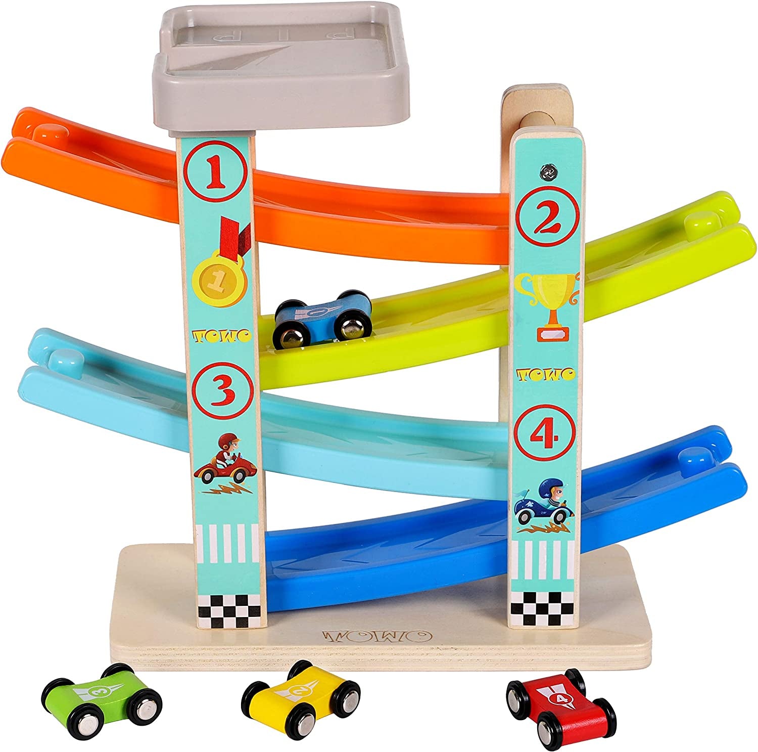 TOWO Wooden Car Ramp Toy | Zig Zag Slide with 4 Cars.