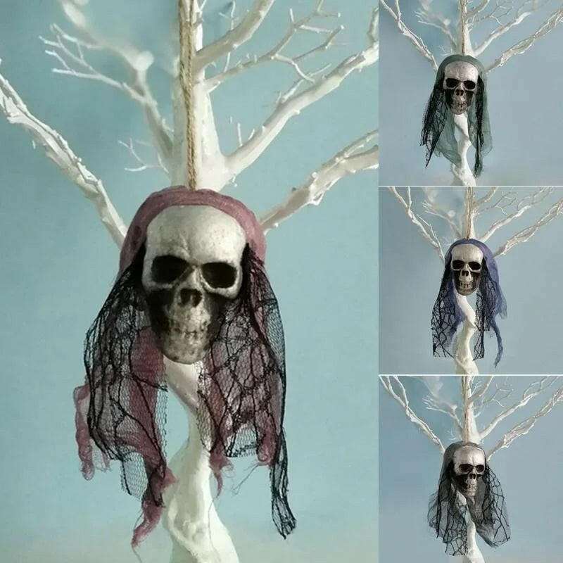 Foam Skull Hanging Ornament – 36cm Halloween Decoration with Cloth or Flower Wrap (8 Variants)