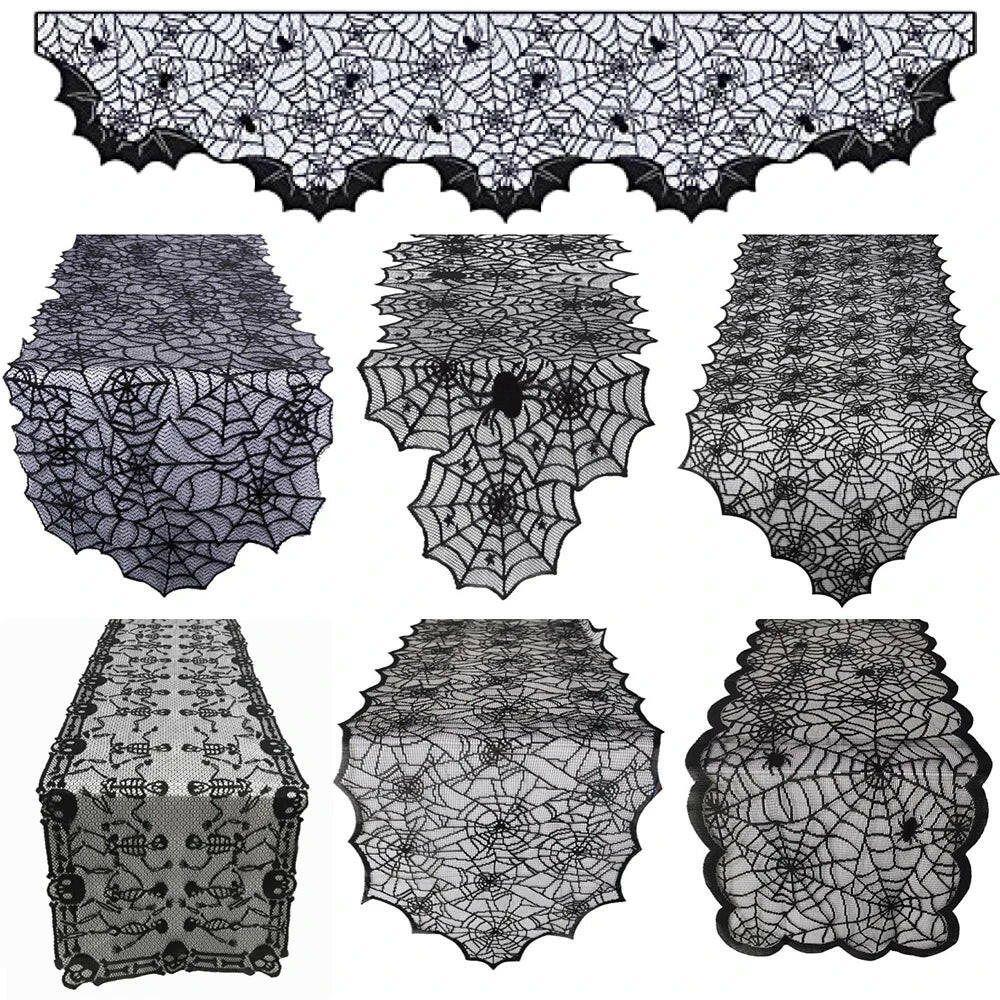 2025 Black Lace Spider Web Table Runner – Gothic Halloween Mantel Cover & Party Decor Accent (1pc)