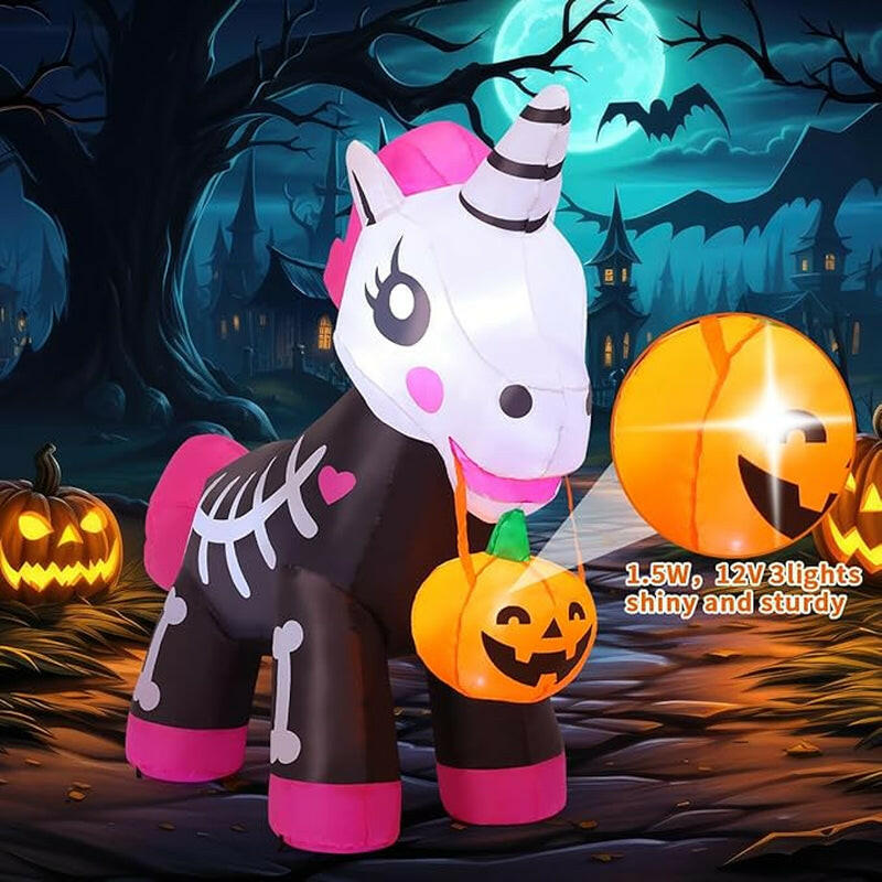 5FT Inflatable Skeleton Unicorn – LED Halloween Blow-Up Decoration for Garden, Lawn, and Indoor Displays