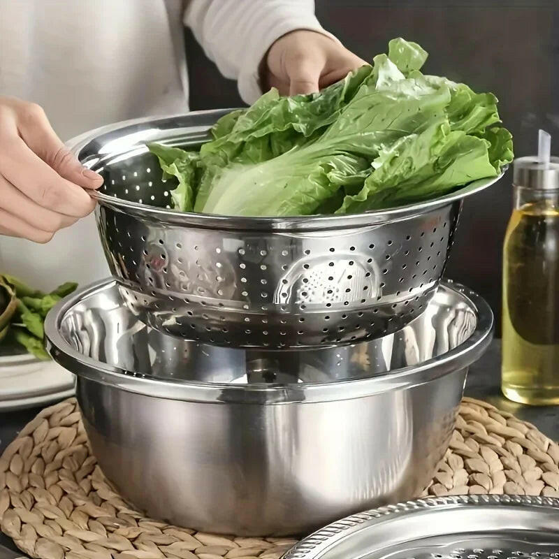 3-in-1 Stainless Steel Salad Maker Bowl – Strainer, Grater & Slicer in One.