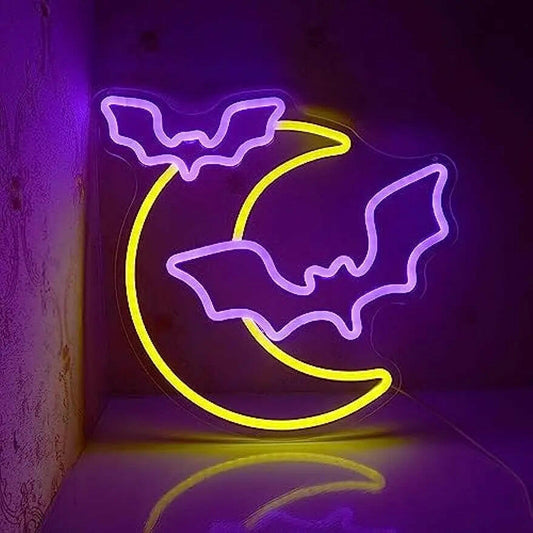 2025 Moon & Bat Neon Sign – USB-Powered LED Wall Light with Dimmable Brightness for Halloween Party & Gothic Decor