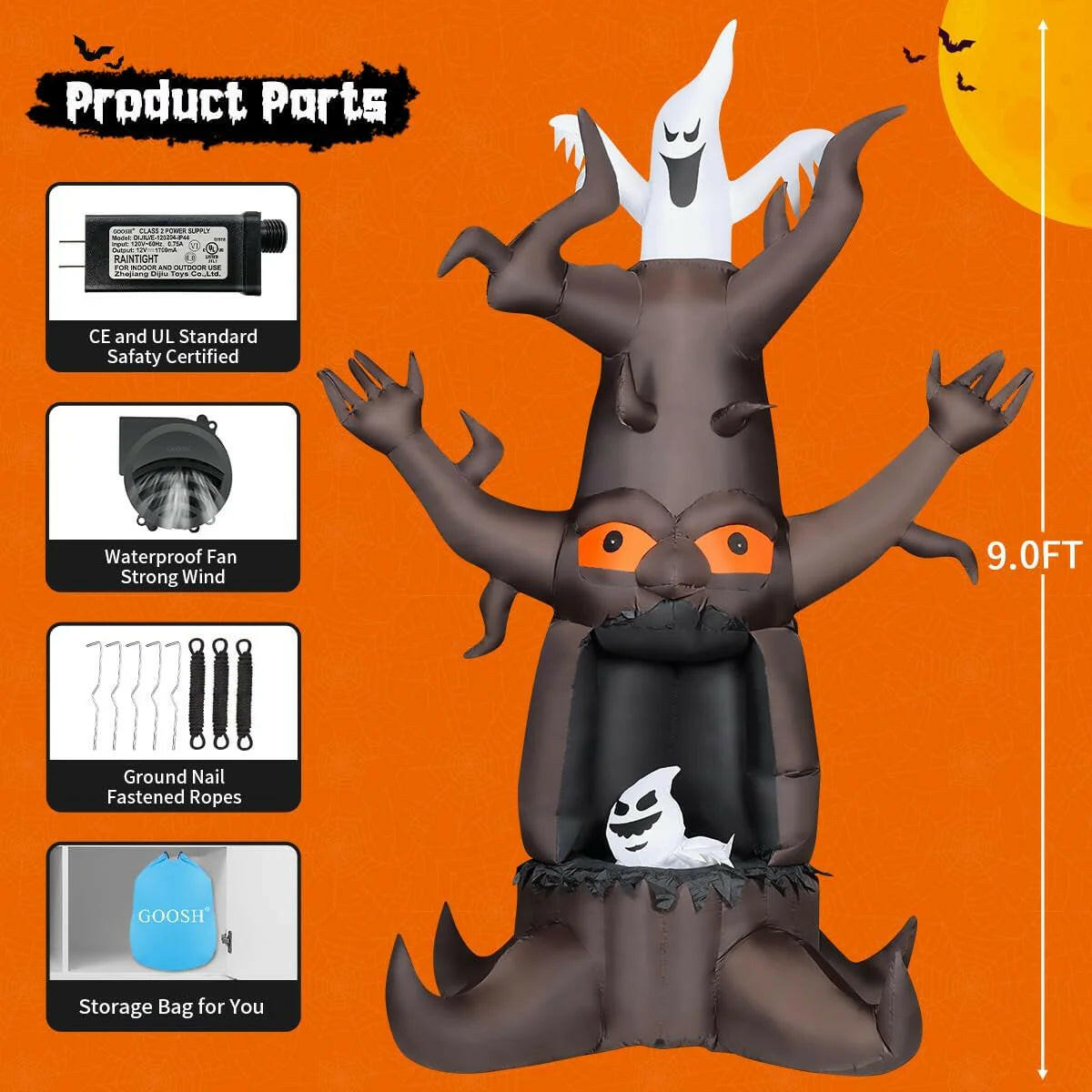9FT Inflatable Halloween Animated Dead Tree with Ghosts – LED Blow-Up Decoration for Garden, Lawn, and Party Displays
