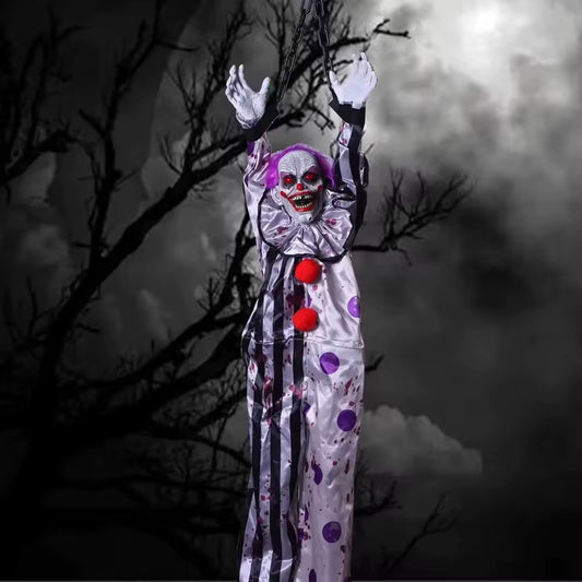 Electric Voice‑Activated Hanging Ghost Clown – Animated Halloween Prop with LED Eyes, Sound & Motion – Scary Haunted House, Porch, Tree & Party Decoration