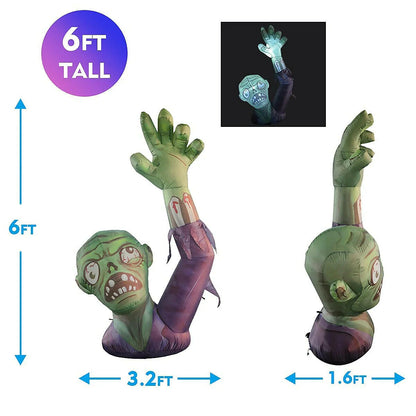 6 Feet High Halloween Inflatable Terror Green Zombies Raise Hands Blow up Yard Decoration Clearance with LED Lights Built-In for Holiday/Party/Yard/Garden