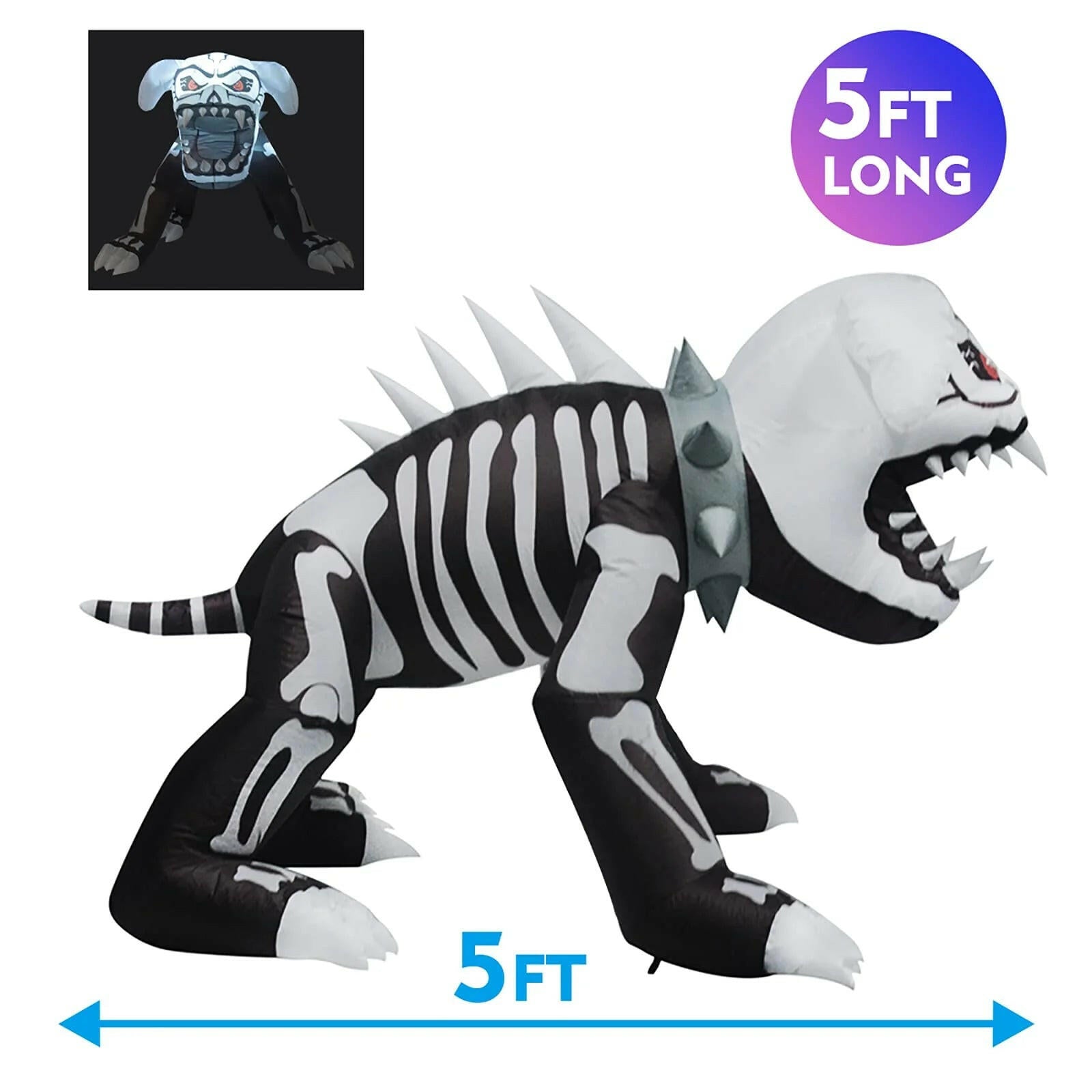 5FT Inflatable Halloween Puppy Skeleton Dog – Flashing Red LED Blow-Up Decoration for Garden, Lawn, and Party Displays