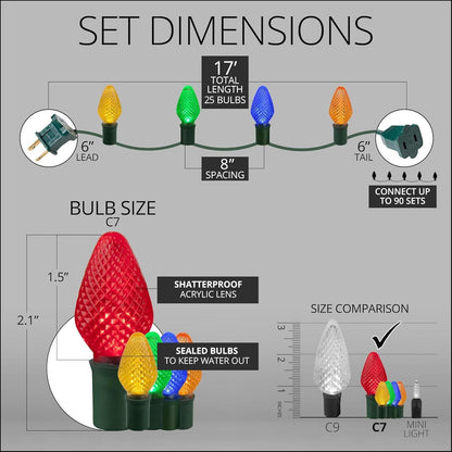 Multicolor LED Christmas Lights – 25 Faceted Bulbs, Green Wire.