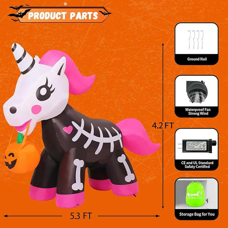5FT Inflatable Skeleton Unicorn – LED Halloween Blow-Up Decoration for Garden, Lawn, and Indoor Displays