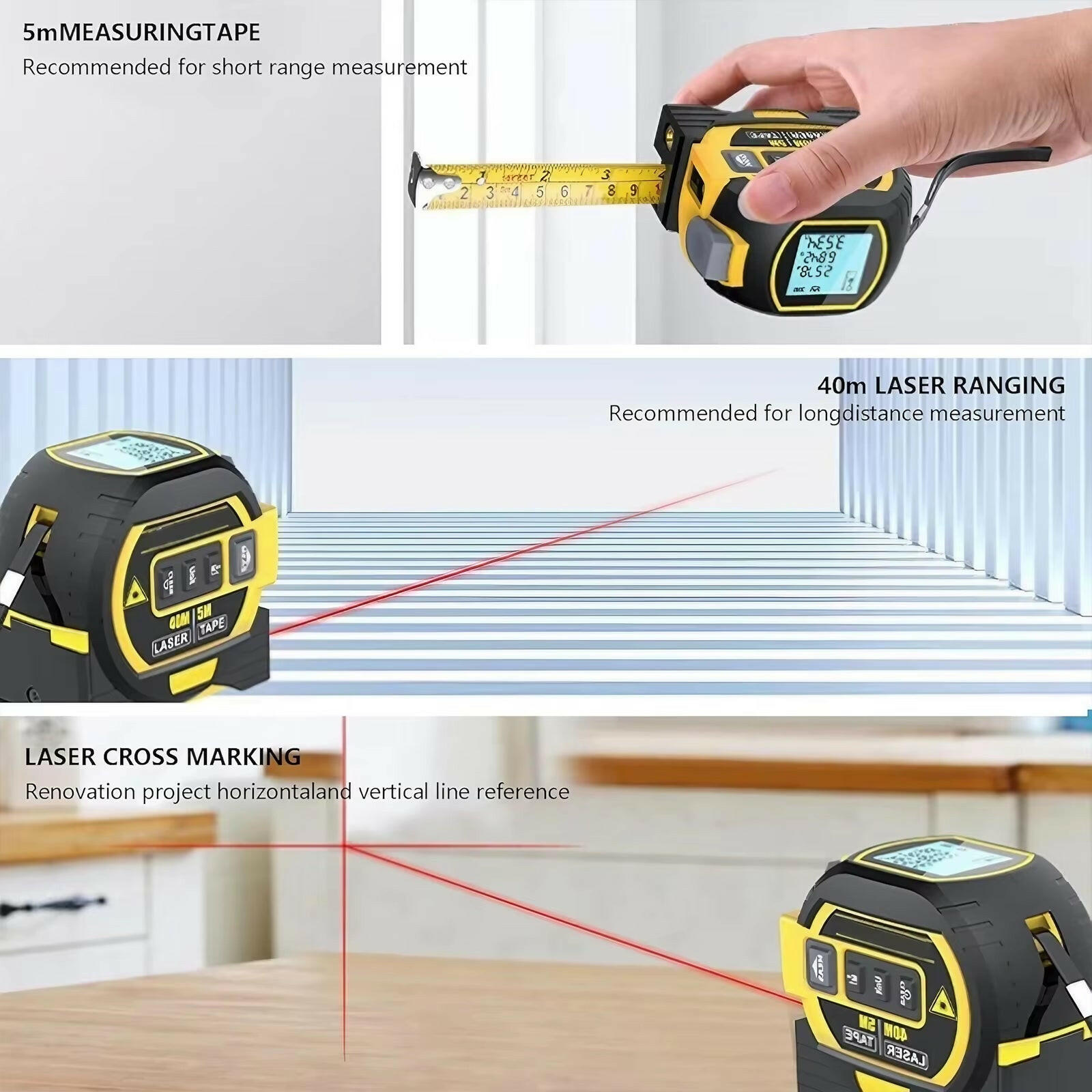 2-In-1 Laser Tape Measure - Precision Tools for W00dwork, Construction and Home DIY..
