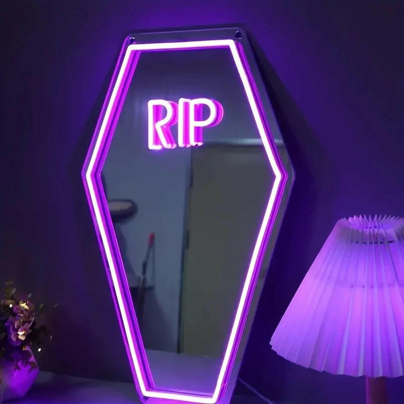 Coffin RIP Neon Mirror Sign – USB-Powered Gothic LED Light for Halloween, Bedroom & Bar Decor