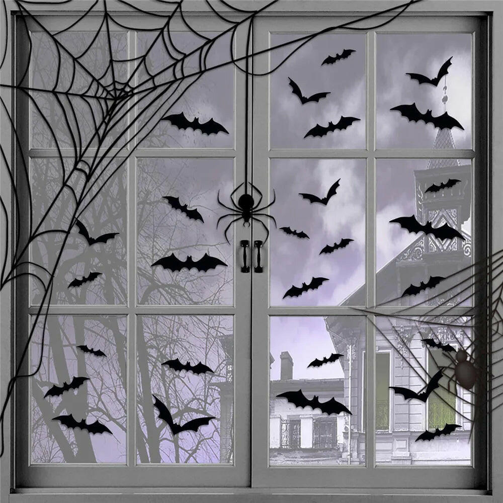 3D Black PVC Bat Wall Stickers – 24/48-Piece Halloween Set for DIY Haunted Decor