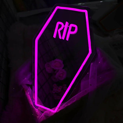 Coffin RIP Neon Mirror Sign – USB-Powered Gothic LED Light for Halloween, Bedroom & Bar Decor