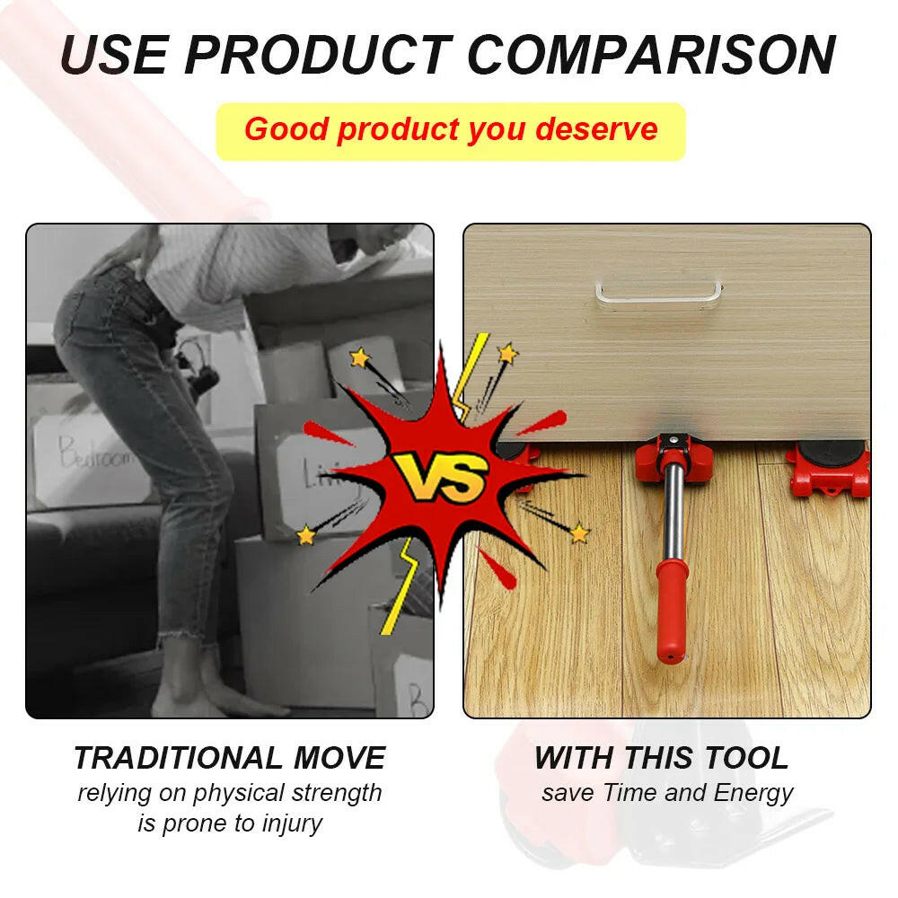 Heavy Duty Furniture Lifter & Mover Set – 5Pcs, 360° Rotating Wheels.