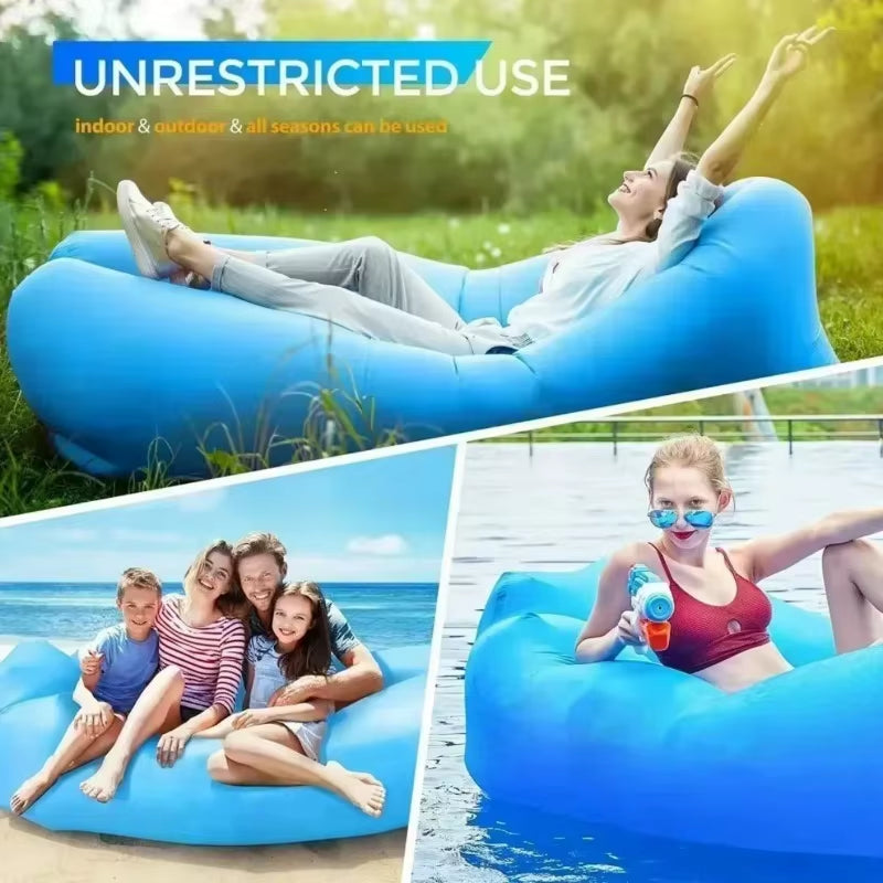 Inflatable sofa with lightweight, foldable design & quick inflation. Perfect for camping, beach & concerts! Durable, ergonomic & travel-friendly. No pump needed!