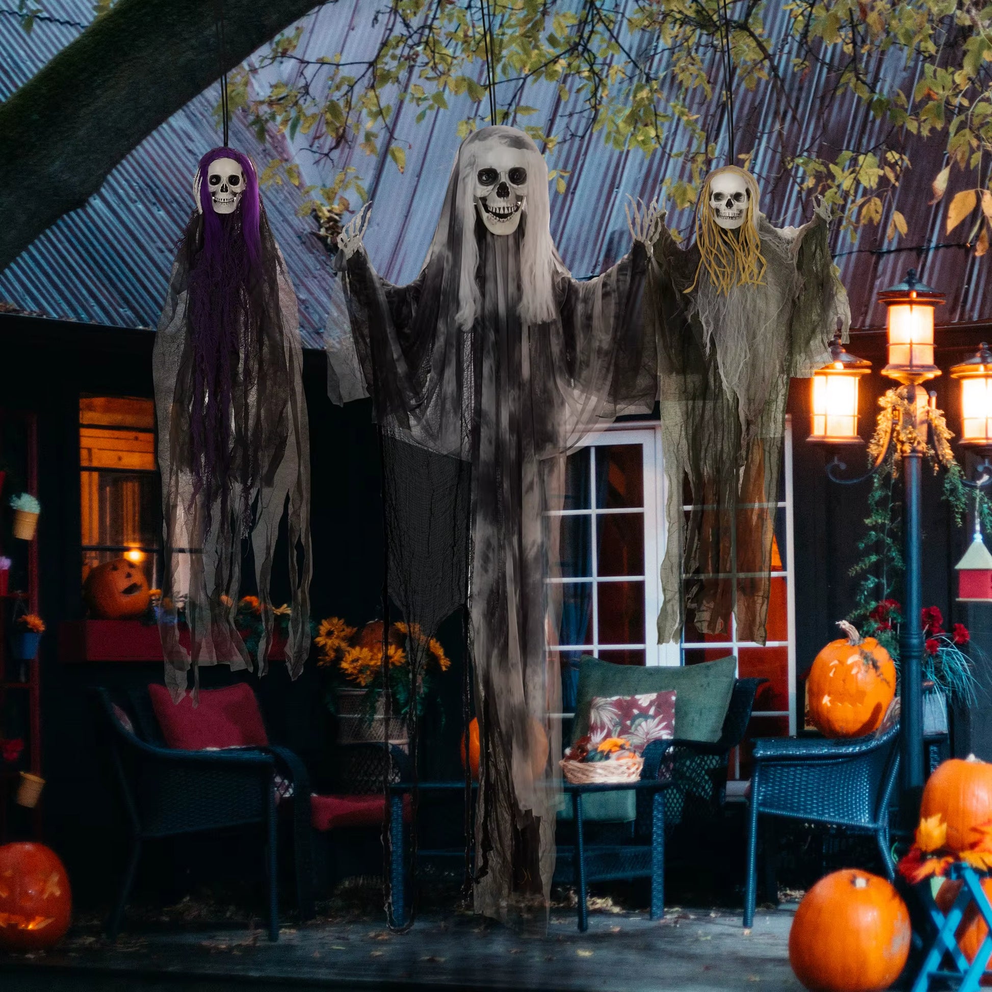 Ghastly Set of 3 Hanging Skeleton, Flying Ghost Halloween Decorations