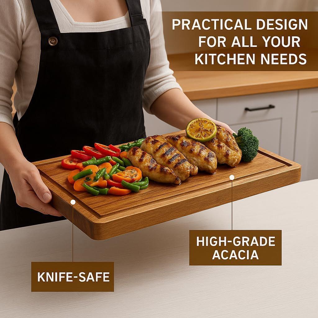 Acacia Wood Cutting Board Set – 3-Piece with Holder, Non-Slip Pads & Juice Grooves.