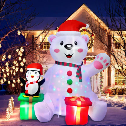 6FT Polar Bear & Penguin Christmas Inflatable – LED-Lit Outdoor Decoration with Gift Boxes | Waterproof, Self-Inflating.