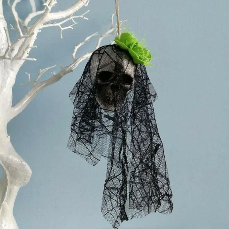 Foam Skull Hanging Ornament – 36cm Halloween Decoration with Cloth or Flower Wrap (8 Variants)
