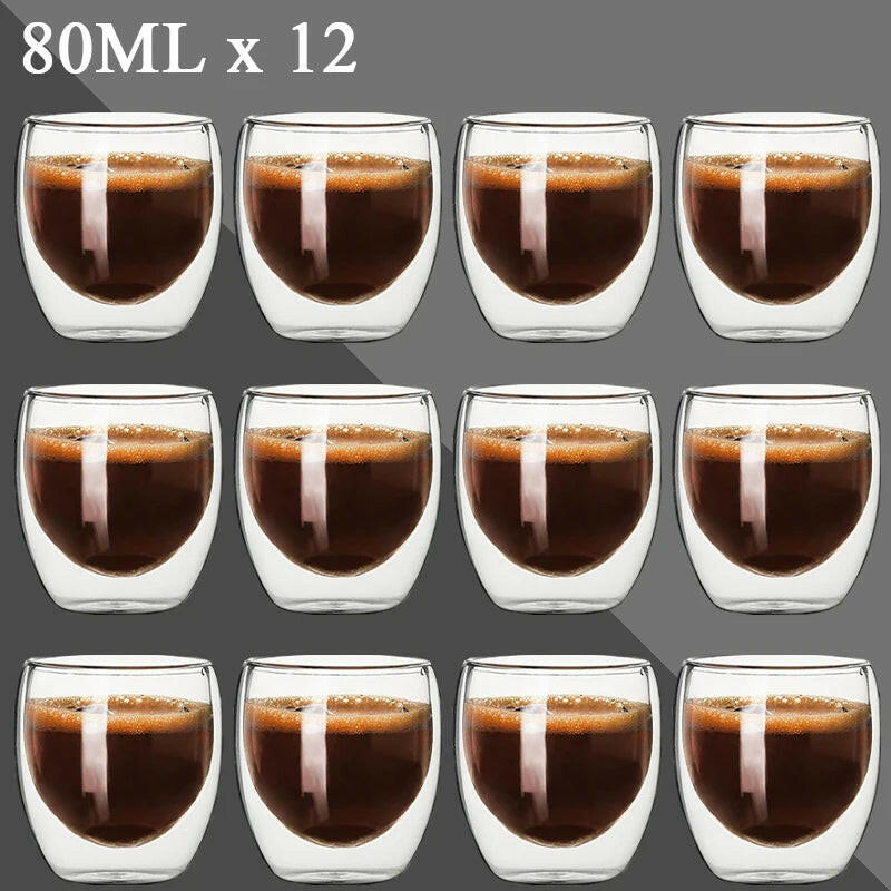 80ML Double Wall Shot Glass Cups - Set of 2-12, Handmade, Heat Resistant, Ideal forEspresso, Tea, Whisky, or a nice hot toddy.