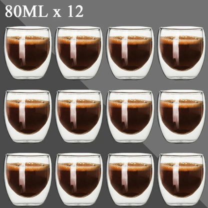 80ML Double Wall Shot Glass Cups - Set of 2-12, Handmade, Heat Resistant, Ideal forEspresso, Tea, Whisky, or a nice hot toddy.