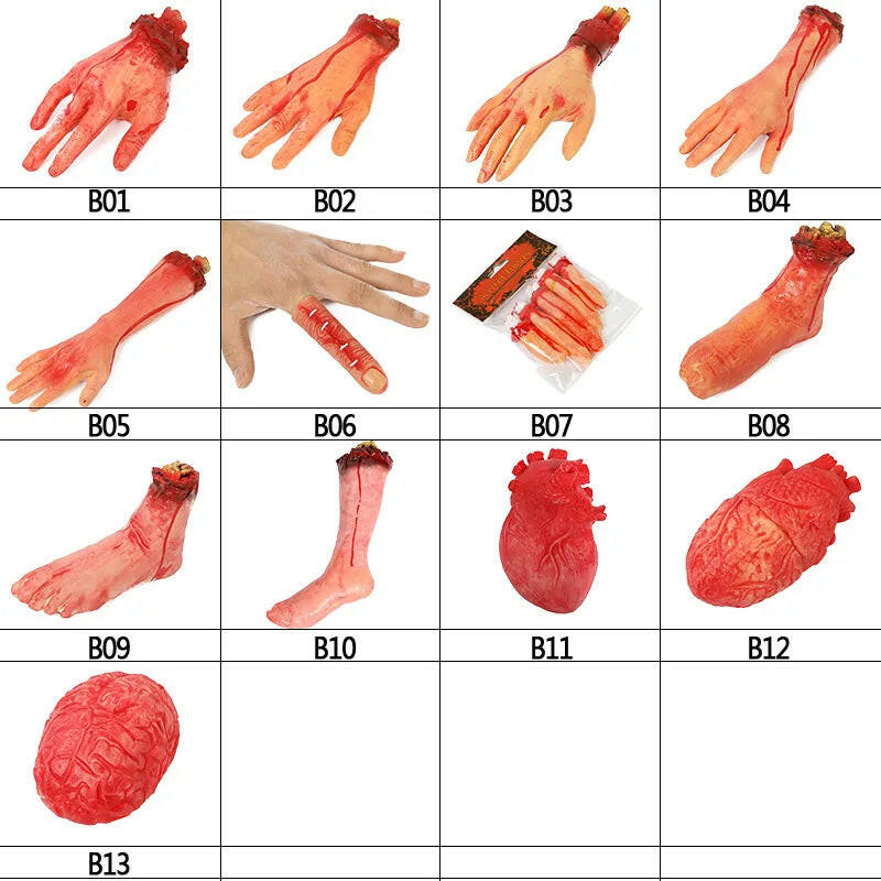 Horror Halloween Rubber Body Part Props – Fake Hands, Legs, Hearts & Brains for Haunted House & Party Decor