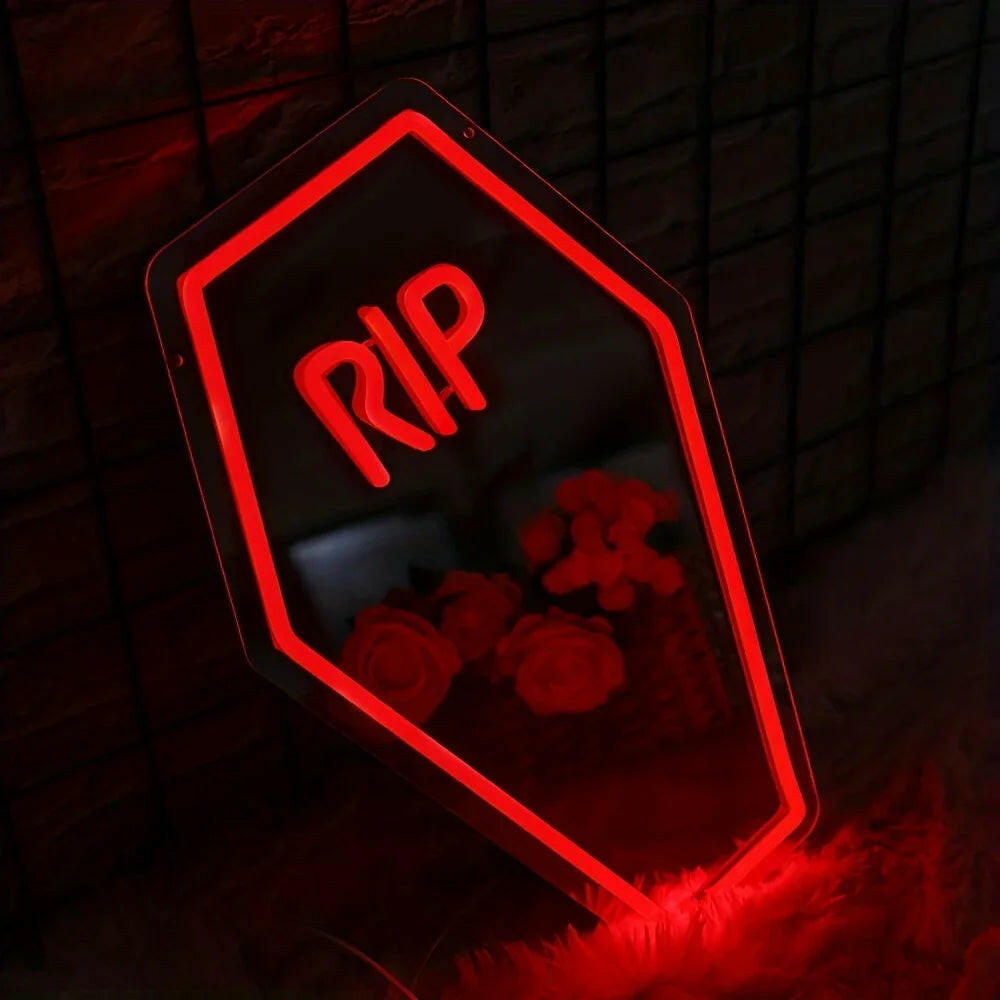 Coffin RIP Neon Mirror Sign – USB-Powered Gothic LED Light for Halloween, Bedroom & Bar Decor