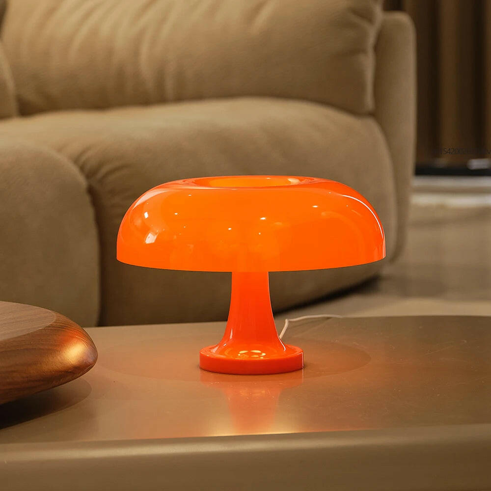 Mushroom Table Lamp - Modern Danish Design for Your Bedroom or Living Space - Eye-Catching Orange Accent Lighting.
