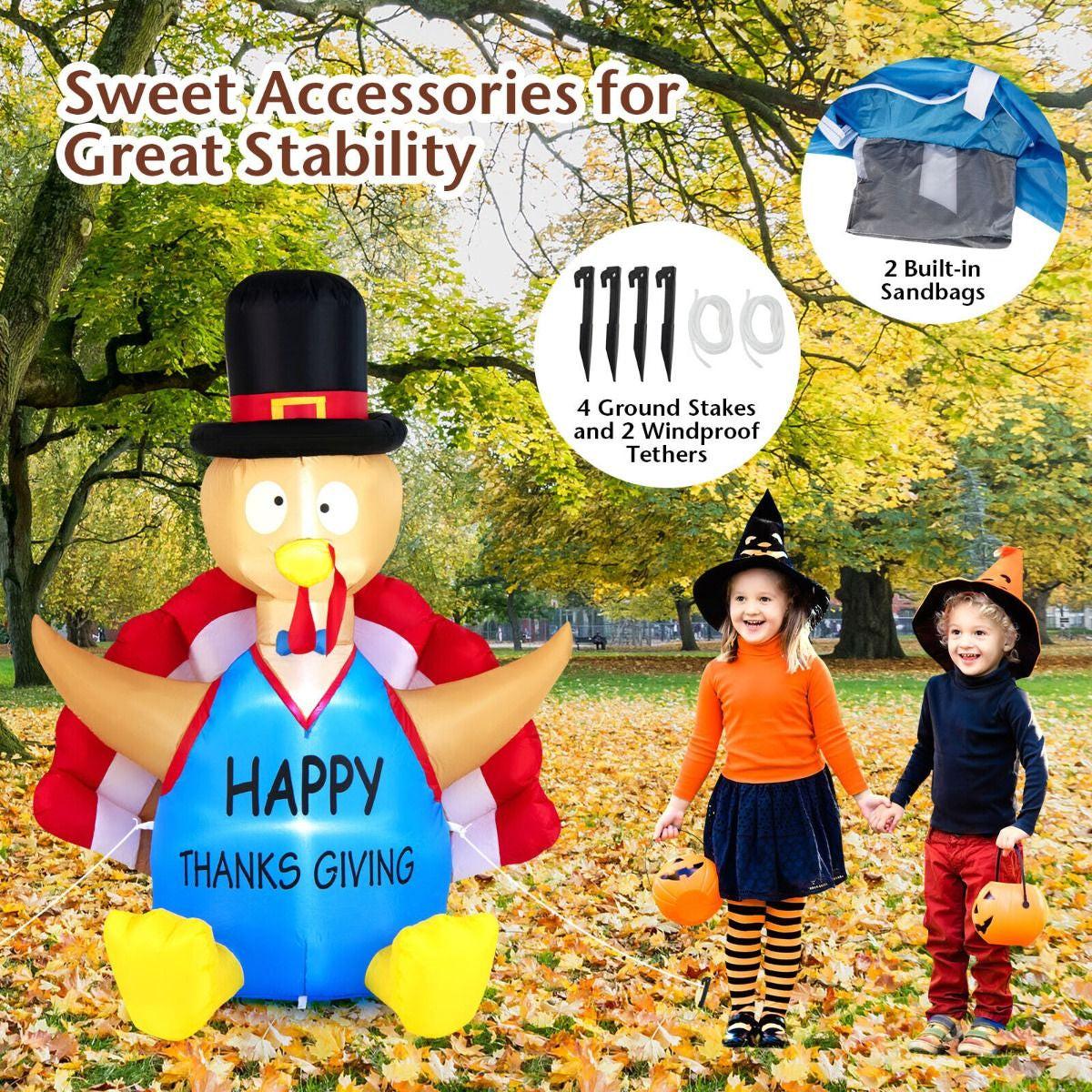 6FT Thanksgiving Inflatable Turkey – LED-Lit Outdoor Decoration with Built-In Fan | Waterproof Polyester, Self-Inflating.