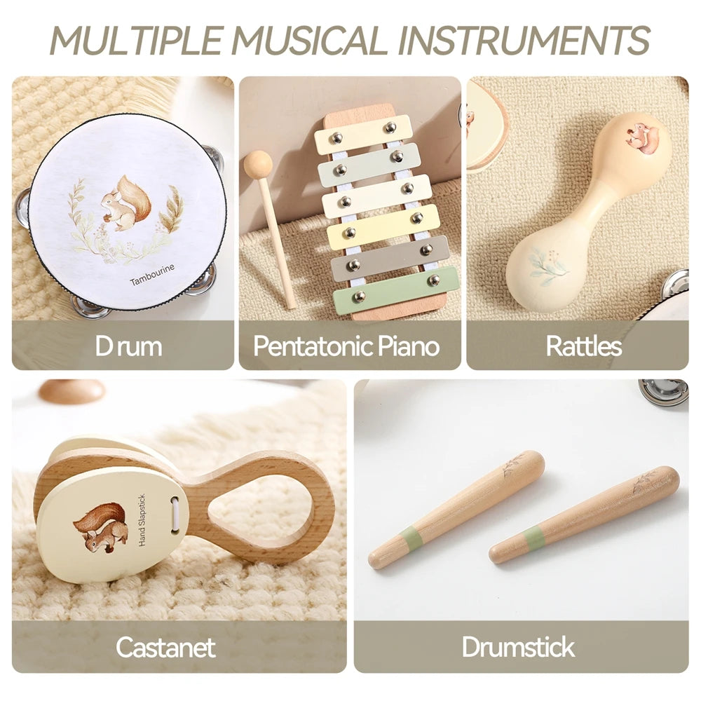 Wooden Baby Musical Gift Set – Eco‑Friendly Rattle, Maraca, Drum, Xylophone, Bell Shaker for Infants 0–2
