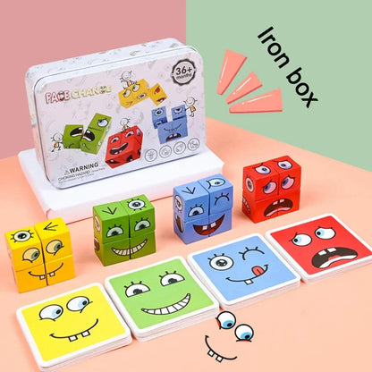 Wooden Expressions Toy Wooden Magic Cube Face Pattern Building Blocks Educational Montessori Toys Wooden Matching Block Puzzles.